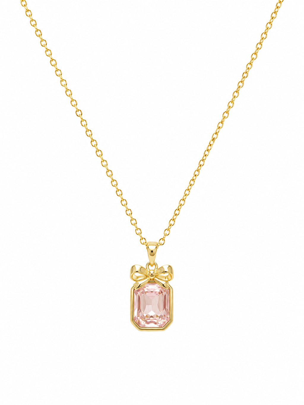 Pink Gem Bow Pendant Necklace on white background