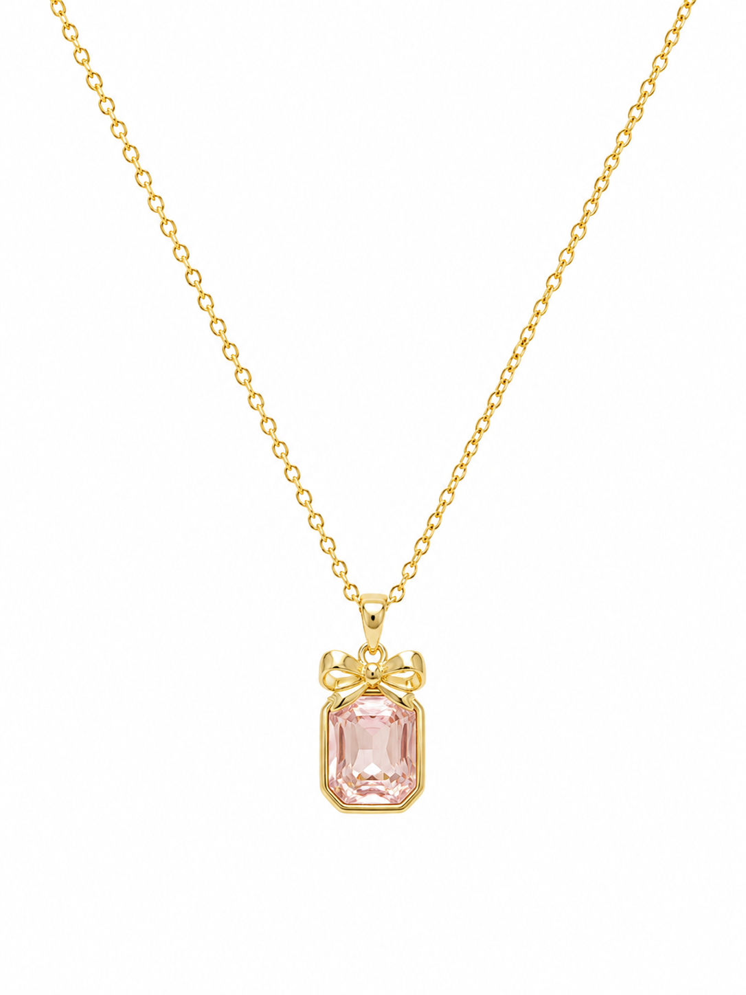 Pink Gem Bow Pendant Necklace on white background
