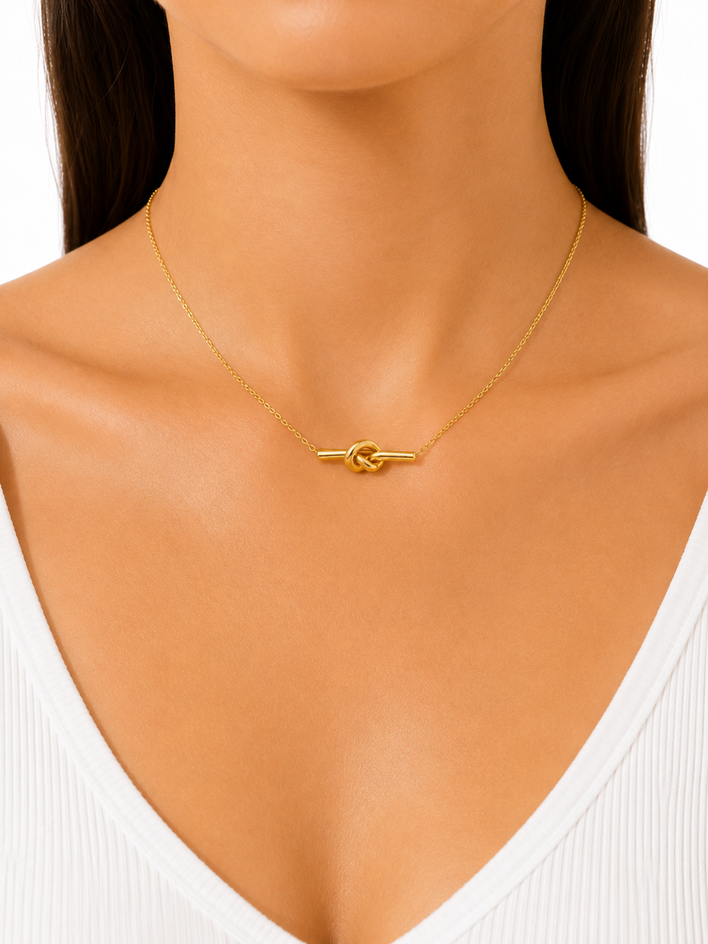 Gold Knot Bar Necklace worn by model