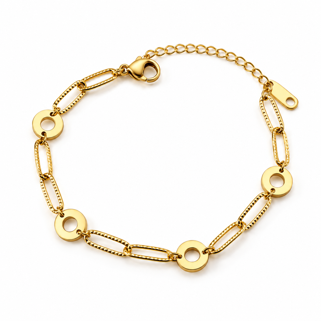 Gold-tone bracelet with circular and elongated links and an extender chain on white