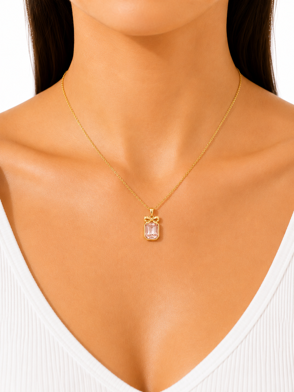 Pink Gem Bow Pendant Necklace